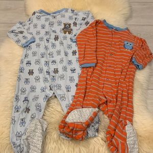 Pekkle Button Closure Gripped Footed Pajamas in Orange Owl and Blue Bear 18-24M